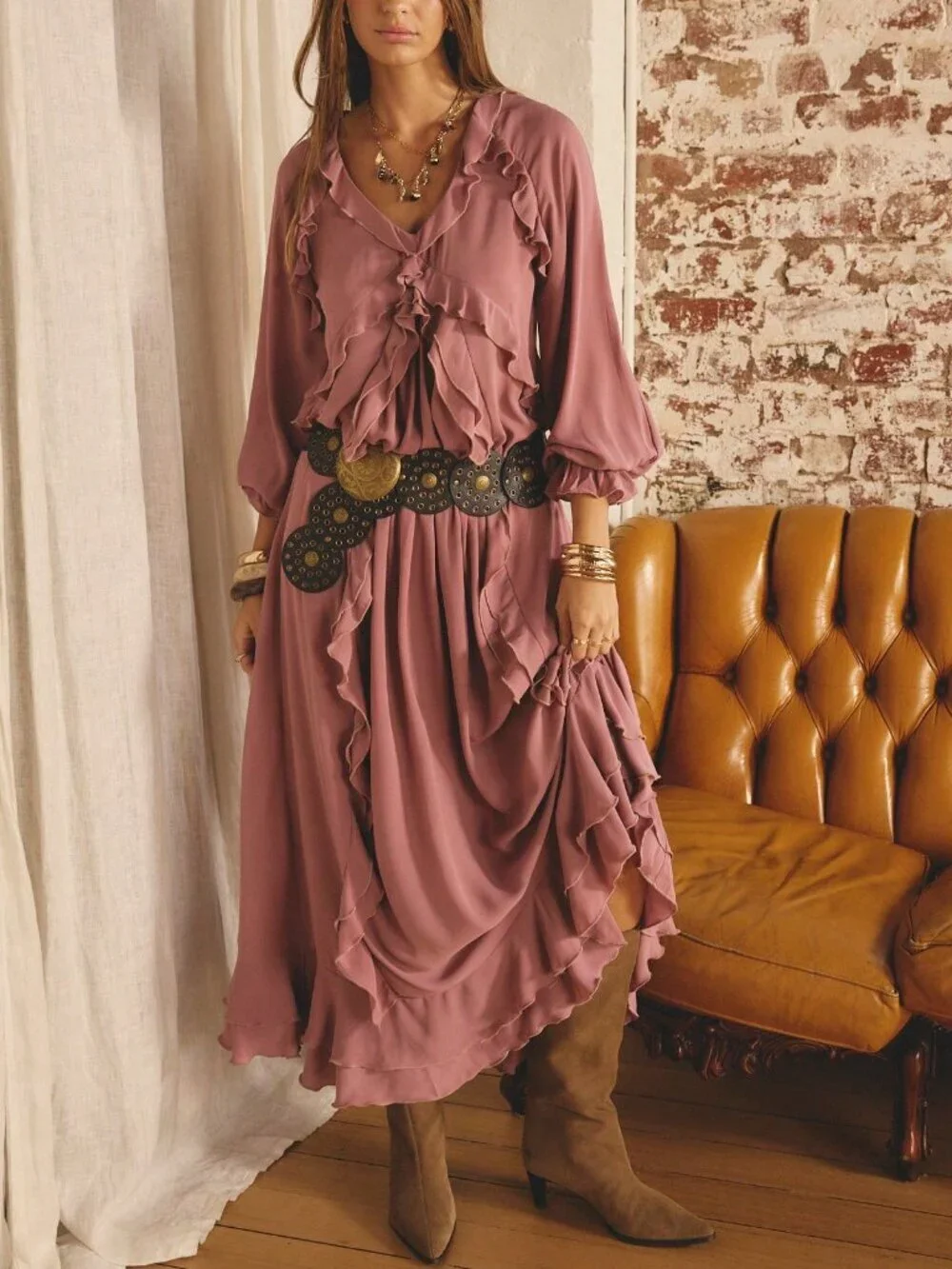 Dusty Pink Boho Beauty Women's Ruffled detailed Maxi Dress - Picture 10 of 11